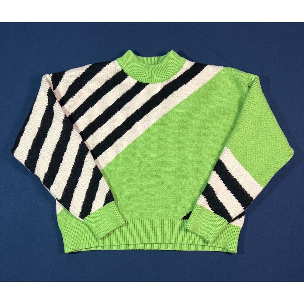 thml Women’s Small Lime Green Black Cream Striped Colorblock Sweater